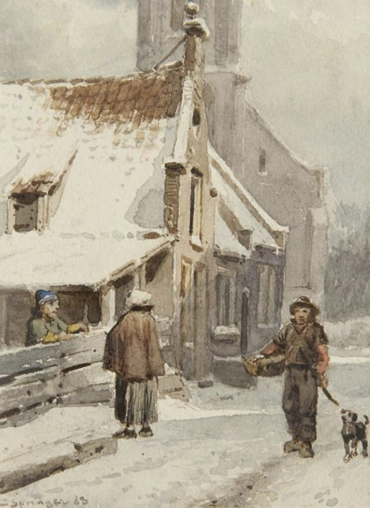 Cornelis Springer Figuren auf dem Kirchpfad in Zandvoort im Winter